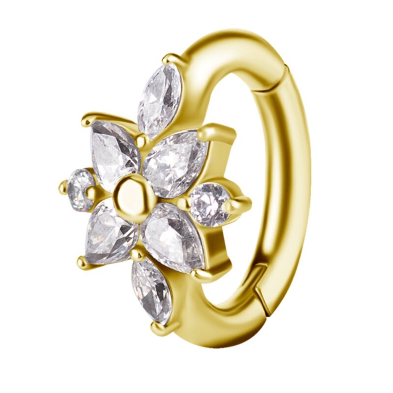 GOLD PVD CoCr NF OVAL 4 PETAL FLOWER BELLY CLICKER SET W.PREMIUM ZIRCONIA BG-NFOHBSG-18