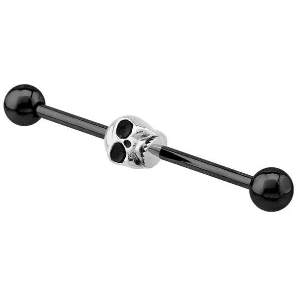 Black Steel Industrial Scaffold Barbell with Black Eyed Skull